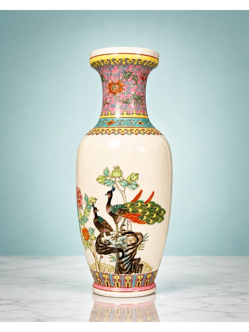 Jingdezhen 1960s Vase Peafowl Floral Famille Rose Porcelain, 4x12"